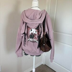 Pink My Melody zip-up hoodie with lace trim + bunny ears • *